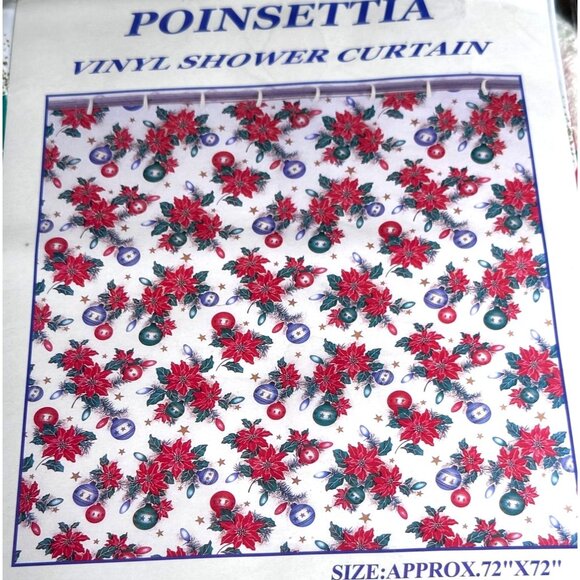 Poinsettia Vinyl Shower Curtain Christmas Holiday Decor Carnation Home Fashions - Picture 2 of 4